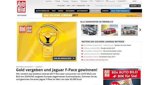 Auto Gewinnspiel Auto Bild Goldenes Lenkrad 2017 Jaguar F-Pace
