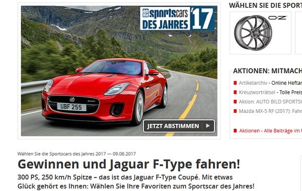 Auto Gewinnspiel Auto Bild Sportscars Leserwahl Jaguar F-Type gewinnen