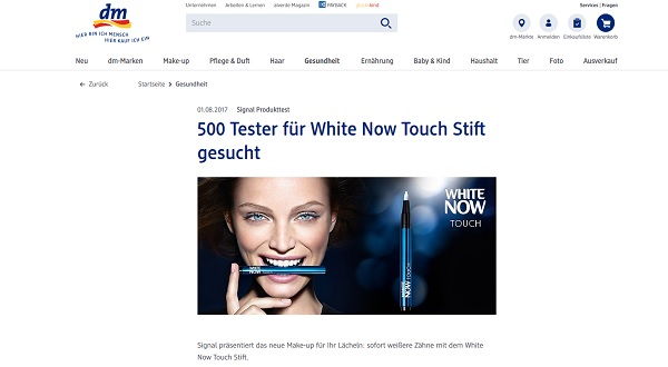 DM Drogerie Gewinnspiel 500 Tester White Now Touch Stift