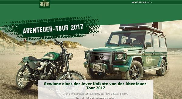 Harley Davidson und Mercedes G-Klasse Gewinnspiel Jever Abenteuer-Tour