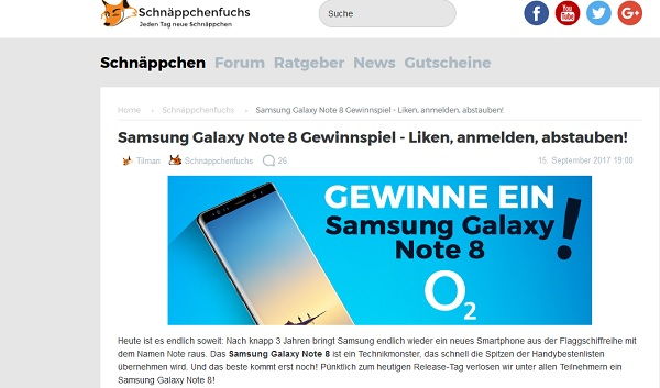 Samsung Galaxy Note 8 Gewinnspiel beim Schn&auml;ppchenfuchs