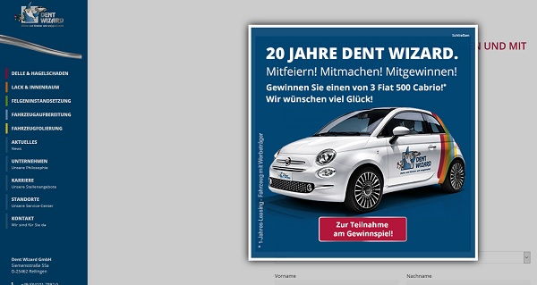 Auto-Gewinnspiel 3 Fiat 500 Cabrios 1 Jahr kostenlos Dent Wizard
