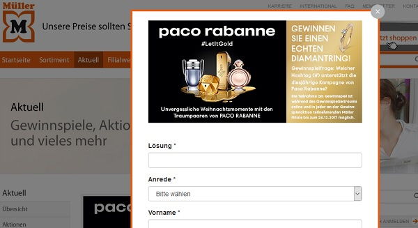 Diamantring Gewinnspiel M&uuml;ller Drogerien Paco Rabanne