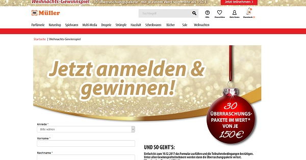 Müller Drogerie Weihnachtsgewinnspiel 2017 30 Überraschungspakete