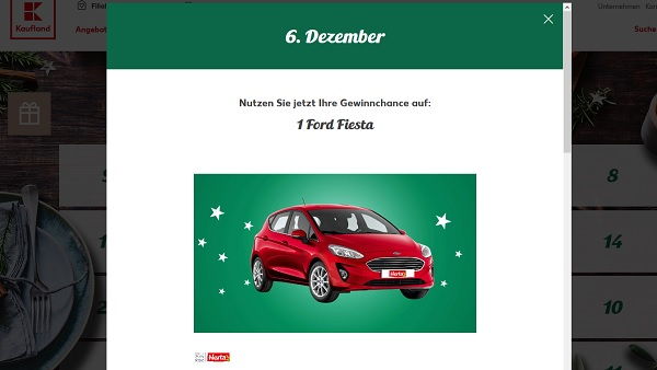 Auto-Gewinnspiel Kaufland Adventskalender 6. T&uuml;rchen Ford Fiesta gewinnen