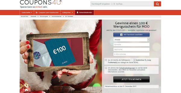 COUPONS4U Adventskalender Gewinnspiel 100 Euro MOO Einkaufsgutschein