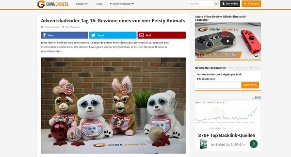 China Gadgets Adventskalender Gewinnspiel Feisty Animal Stofftiere