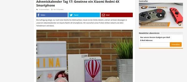 China Gadgets Adventskalender Gewinnspiel Xiaomi Redmi 4X Smartphone