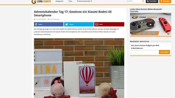 China Gadgets Adventskalender Gewinnspiel Xiaomi Redmi 4X Smartphone