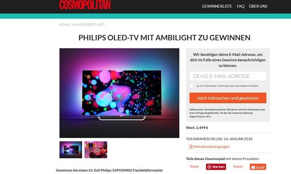 Cosmopolitan Gewinnspiele Philips OLED-TV Gerät