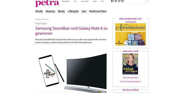 Samsung Galaxaxy Note 8 und Soundbar Gewinnspiel Petra.de
