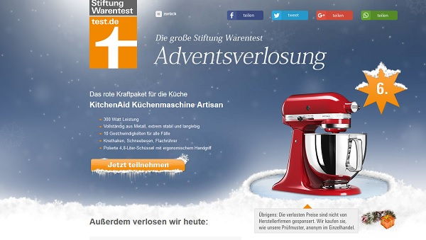 Stiftung Warentest Adventskalender Gewinnspiel KitchenAid Artisan 2017