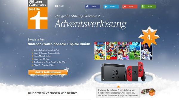 Stiftung Warentest Nintendo Switch Adventskalender Gewinnspiel 2017