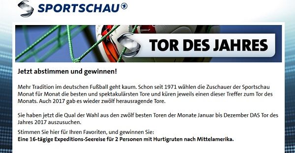 ARD Sportschau Kreuzfahrt Gewinnspiel Tor des Monats April 2018 wählen