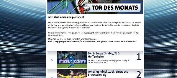 ARD Sportschau Kreuzfahrt Gewinnspiel Tor des Monats April 2018 w&auml;hlen