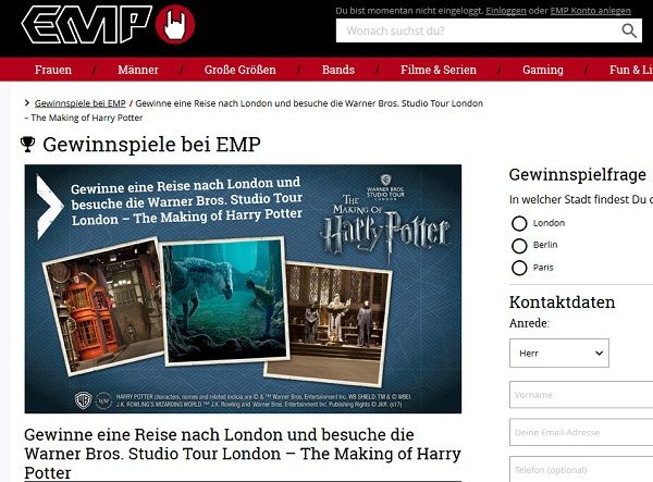 London Reise Gewinnspiel EMP Versand Harry Potter Warner Bros. Studio Tour
