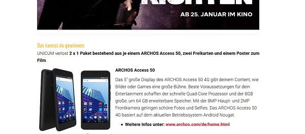 Smartphone Gewinnspiel Unicum verlost 2 Archos Access 50