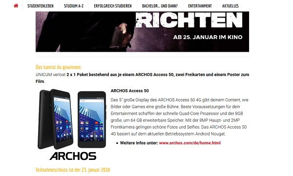Smartphone Gewinnspiel Unicum verlost 2 Archos Access 50