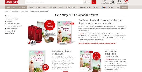 Weltbild Verlag Gewinnspiel Die Oleanderfrauen Espressomaschine und Bücher gewinnen