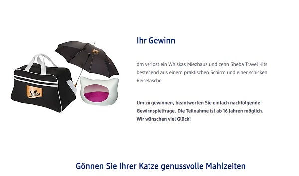 DM Drogerie Gewinnspiel Whiskas Miezhaus und Sheba Travel Kits