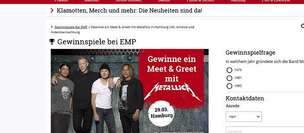 EMP Versand Gewinnspiel Metallica Konzert Hamburg Tickets und Anreise