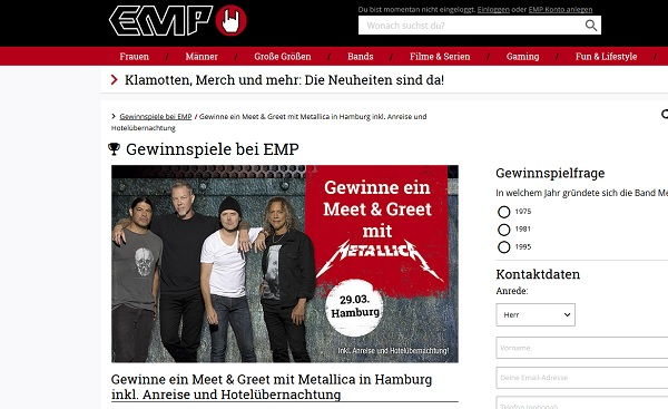 EMP Versand Gewinnspiel Metallica Konzert Hamburg Tickets und Anreise