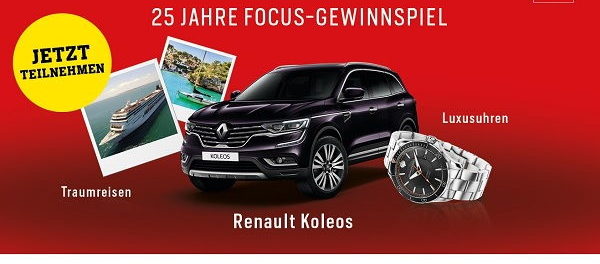 Auto-Gewinnspiel Focus 25 Jahre Renault Koleos und Traumreise gewinnen