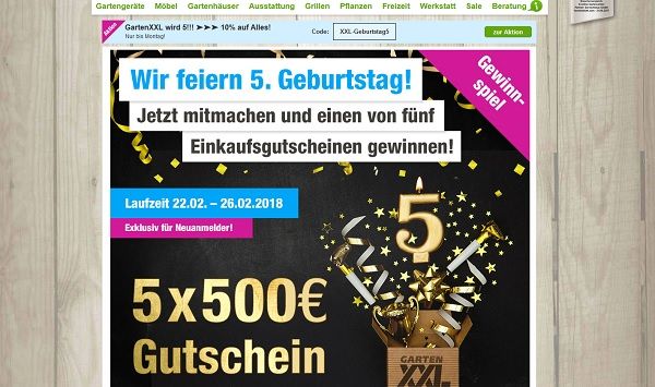 GartenXXL Gewinnspiel 5 mal 500 Euro Gutscheine Jubiläums Verlosung
