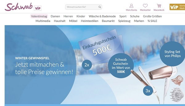 Schwab Versand Gewinnspiel 500 Euro Shopping-Gutscheine