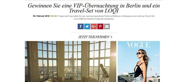 Vogue Reise-Gewinnspiel VIP Berlin &Uuml;bernachtung und LOQI-Travel-Set