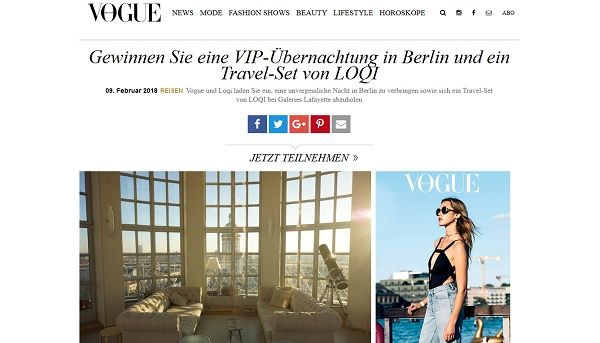 Vogue Reise-Gewinnspiel VIP Berlin Übernachtung und LOQI-Travel-Set
