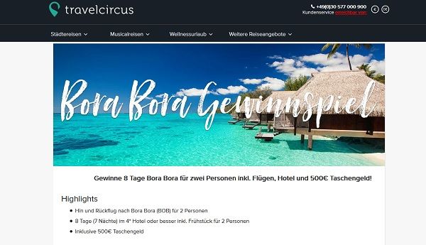 Reise-Gewinnspiel Travelcircus Bora Bora Traumurlaub 2 Personen