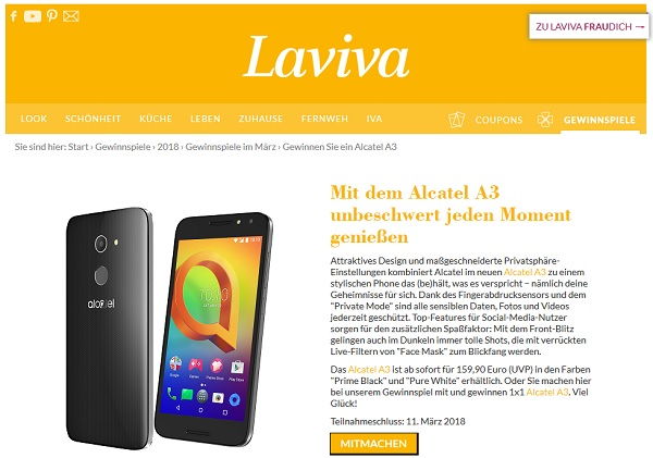 Handy Gewinnspiel Laviva Alcatel A3 Smartphone Verlosung