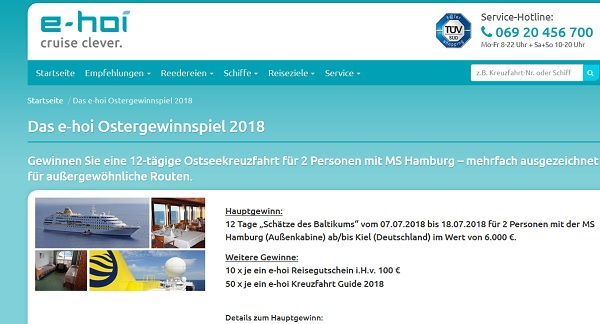 e-hoi Oster Gewinnspiel MS Hamburg Kreuzfahrt