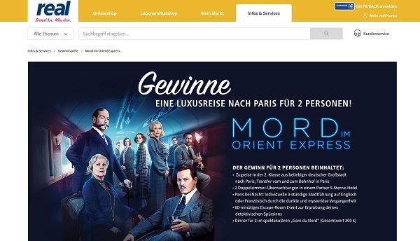 Reise-Gewinnspiel real Mord im Orient Express Paris Zugreise gewinnen