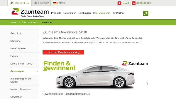 Auto-Gewinnspiel Zaunteam Tesla 1 Jahr kostenlos fahren