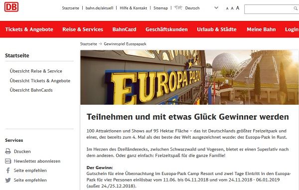 Bahn.de Europa Park Gewinnspiel 2 Tage mit Übernachtung