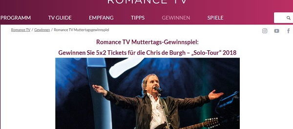 Romance TV Muttertags Gewinnspiel Chris de Burgh Tickets
