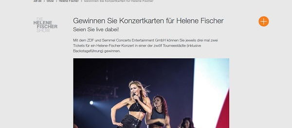 ZDF Gewinnspiel Helene Fischer Konzertkarten inkl. Backstagef&uuml;hrung