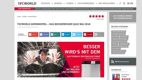 Tecworld Gewinnspiel Brotbackautomat Besserwisser Quiz Mai 2018