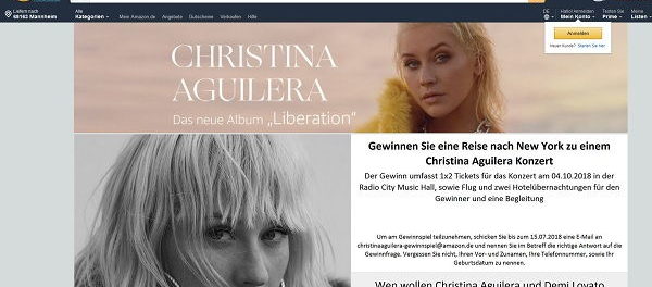 Amazon Gewinnspiel Christina Aguilera New York Konzert Reise