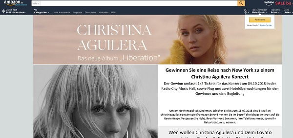 Amazon Gewinnspiel Christina Aguilera New York Konzert Reise