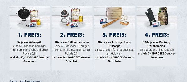 Gewinnspiel Nordsee und Bitburger Webergrill und Grillzubehör