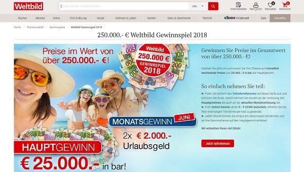 Weltbild Gewinnspiel 25.000 Euro Bargeld gewinnen