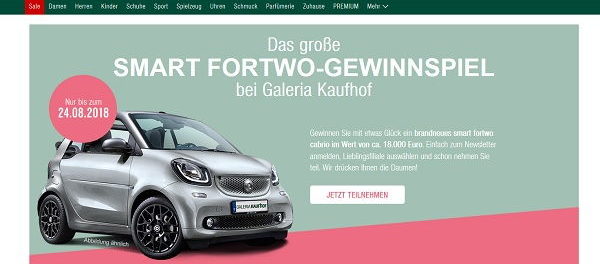 Auto Gewinnspiel Galeria Kaufhof Smart Fortwo gewinnen