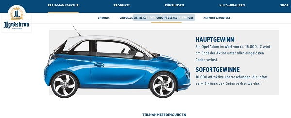Auto Gewinnspiel Landskron Opel Adam Kronkorken Code 2018