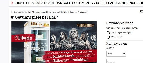 EMP Versand Gewinnspiel Bitburger Getränkegkühlschrank