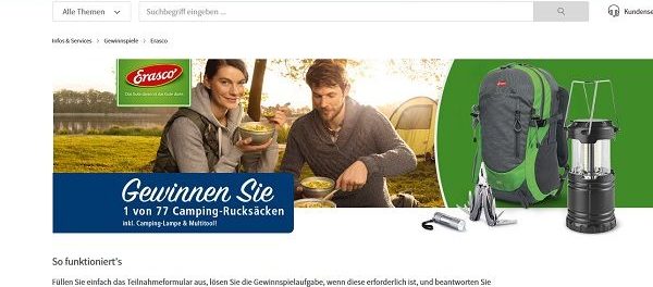 Erasco und real Gewinnspiel 77 Campingrucksäcke mit Inhalt