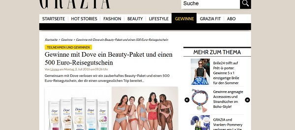 Grazia Magazin Gewinnspiel Dove Beauty Paket und 500 Euro Reisegutschein
