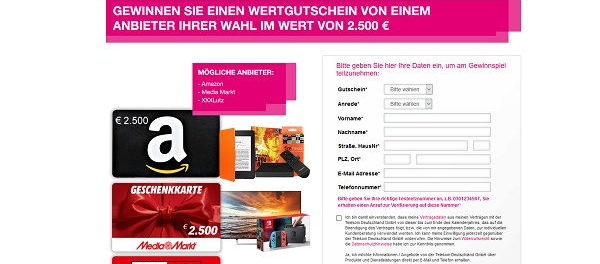 Telekom Gewinnspiel Amazon, Media Markt oder XXXLutz 2.500 Euro Gutschein